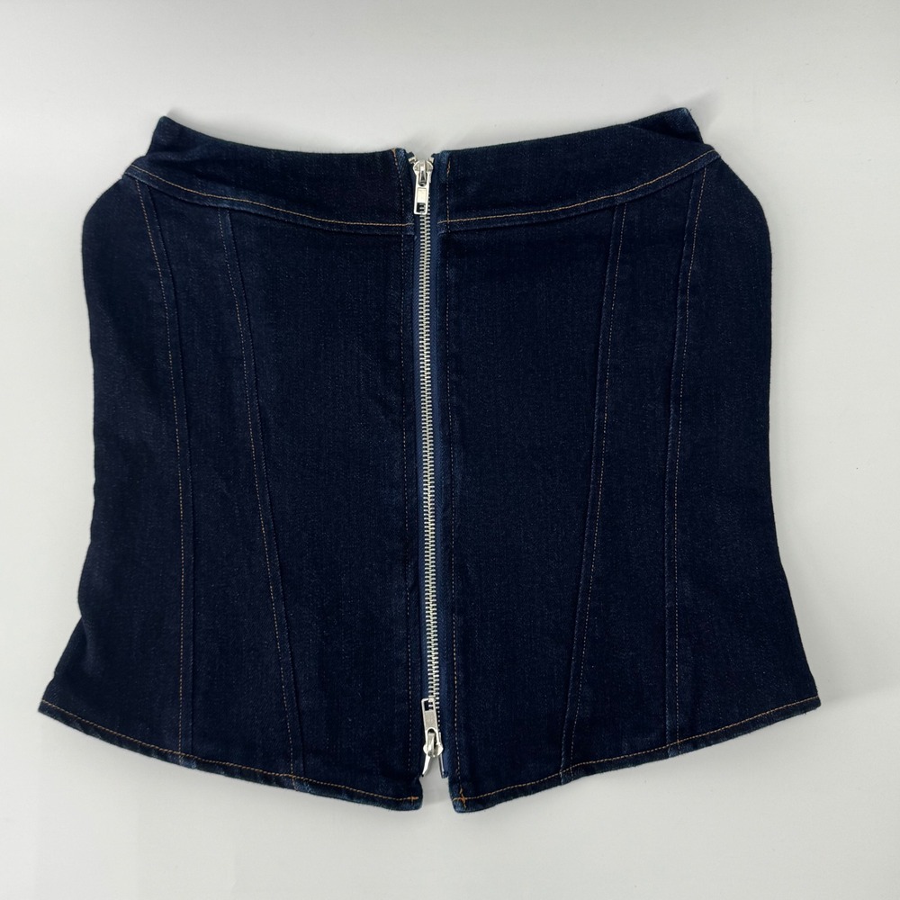 Vici Dark Wash Denim Corset Tube Top Front Zip Strapless Blue Medium VCT25463
